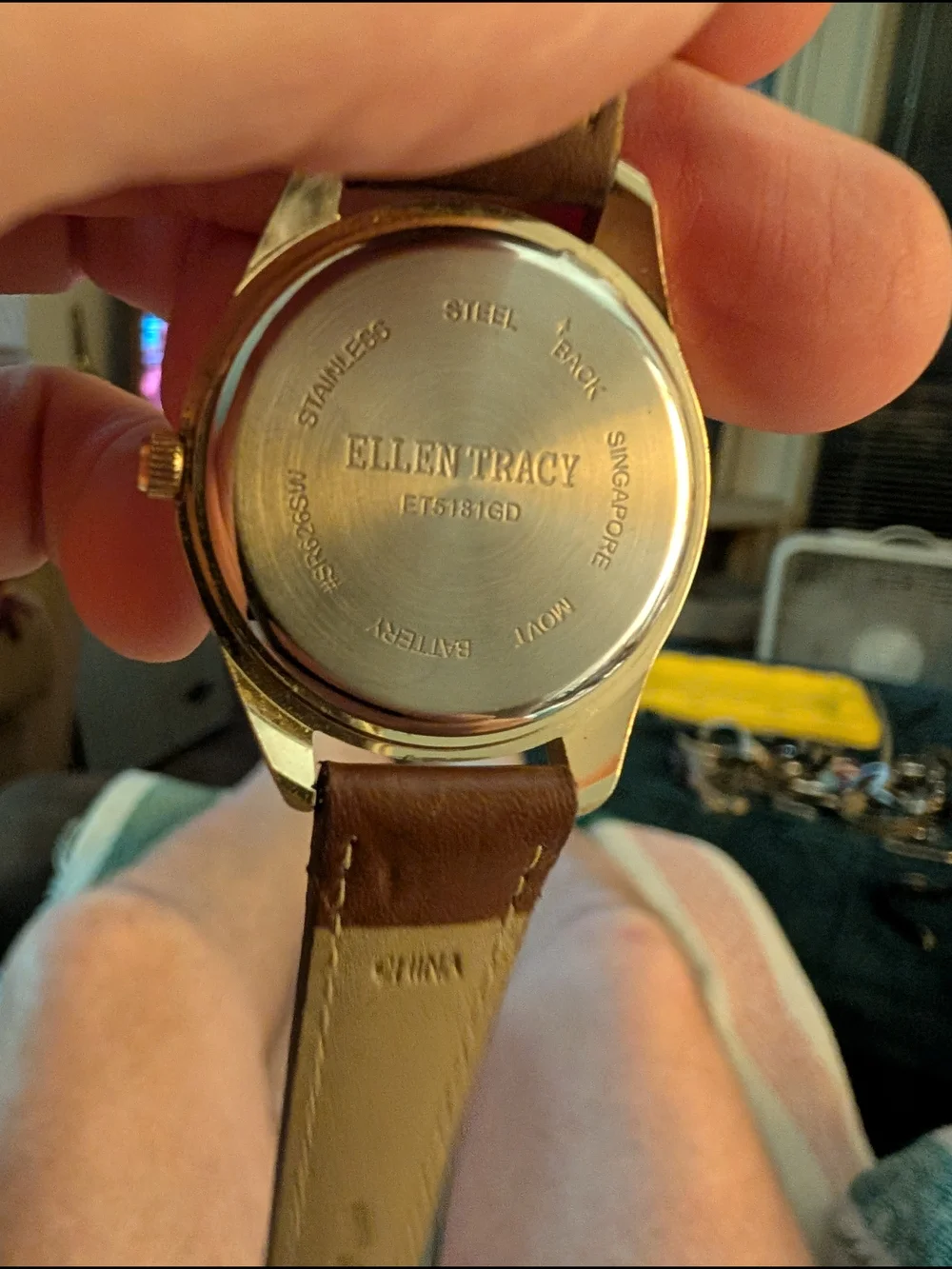 Vintage Ellen Tracy Women's Gold Dial Watch with Brown Leather Strap New Battery
